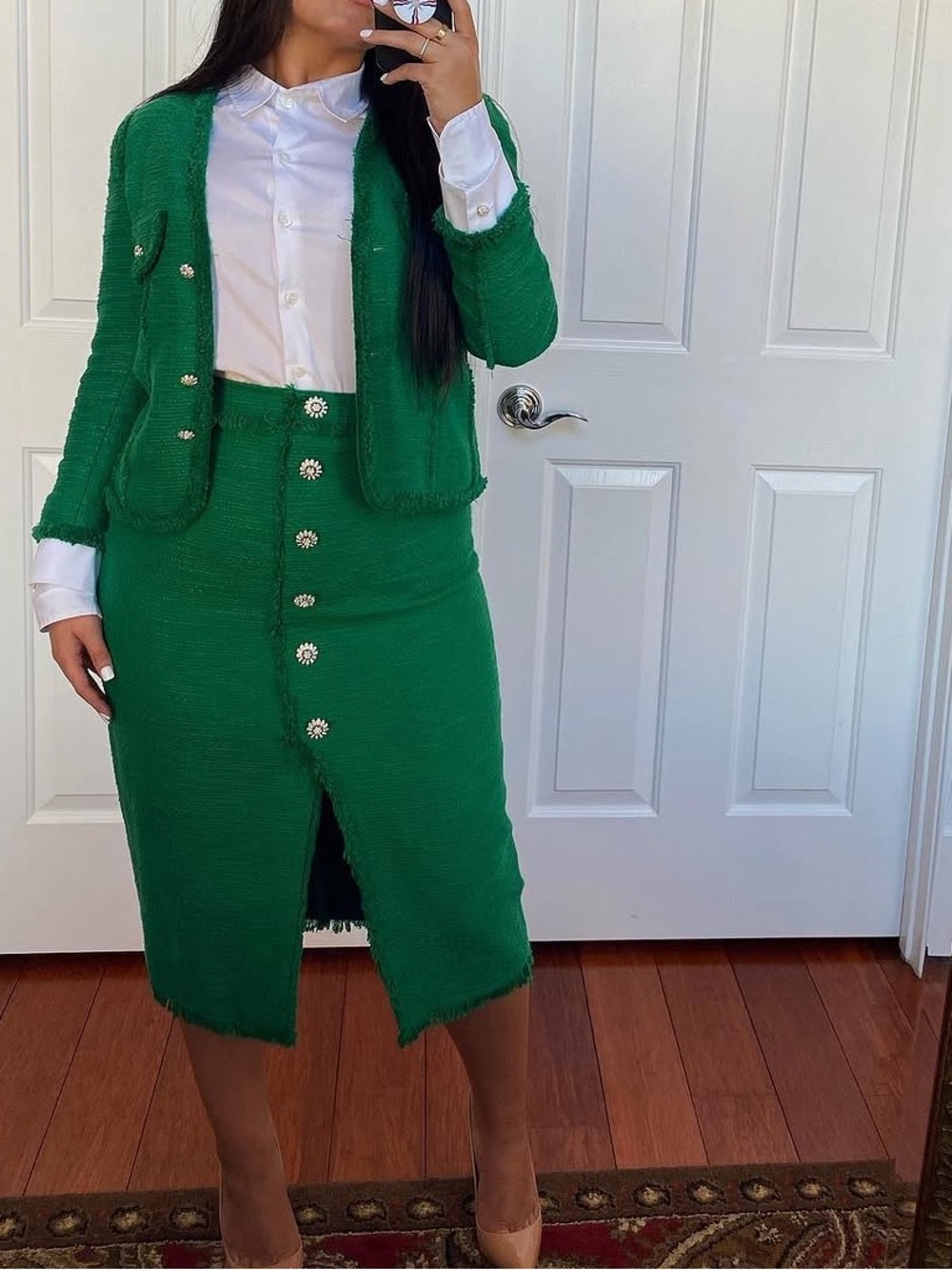 Zara Green Tweed Jacket & Skirt Set
